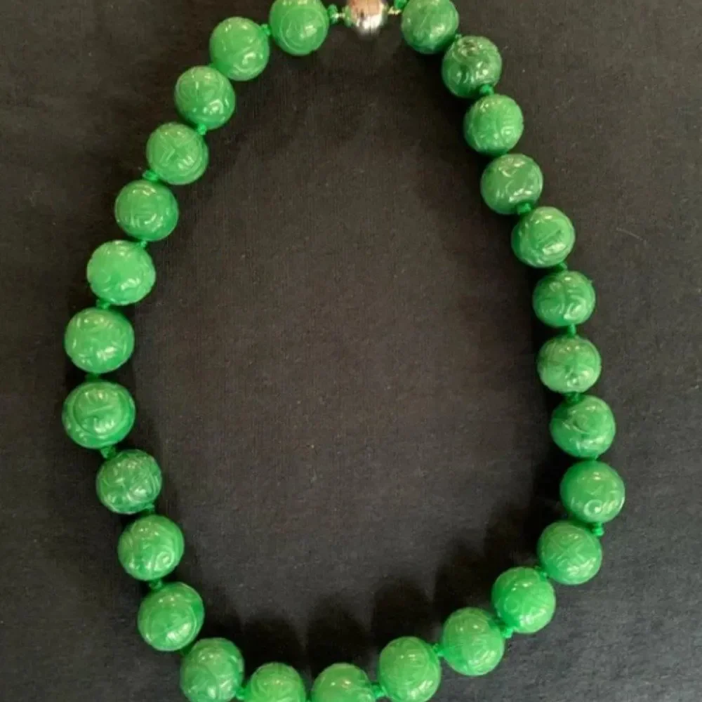 Carved Green Jade Beaded Sterling Silver Necklace